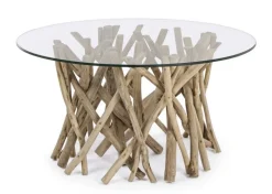 TAVOLINO ROTONDO IN TEAK CON RIPIANO IN VETRO - SAMIRA